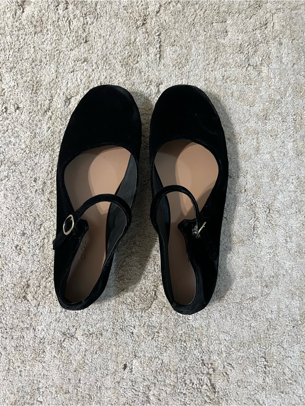 Doen Black Velvet Mary Jane Flats with Gold Buckle Strap